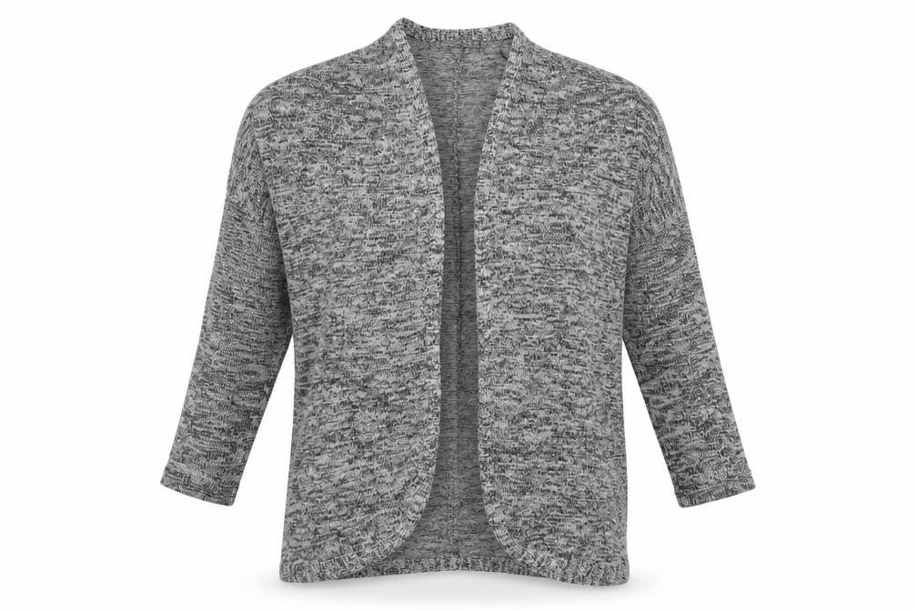 Front view of Atmosphere women’s grey houndstooth wrap jumper, size XS, - wrap carding