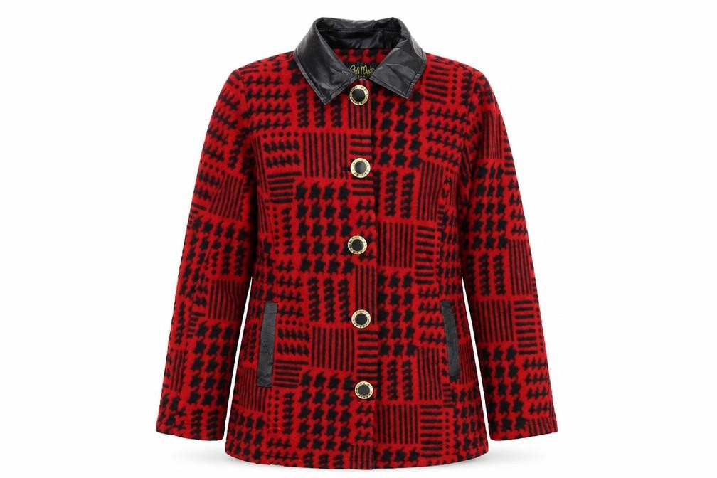 Front view of Bob Mackie women’s red houndstooth jacket, size XS