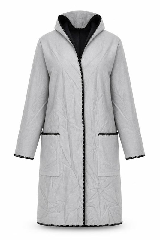 Front view of Boohoo women’s grey overcoat coat, size UK 10