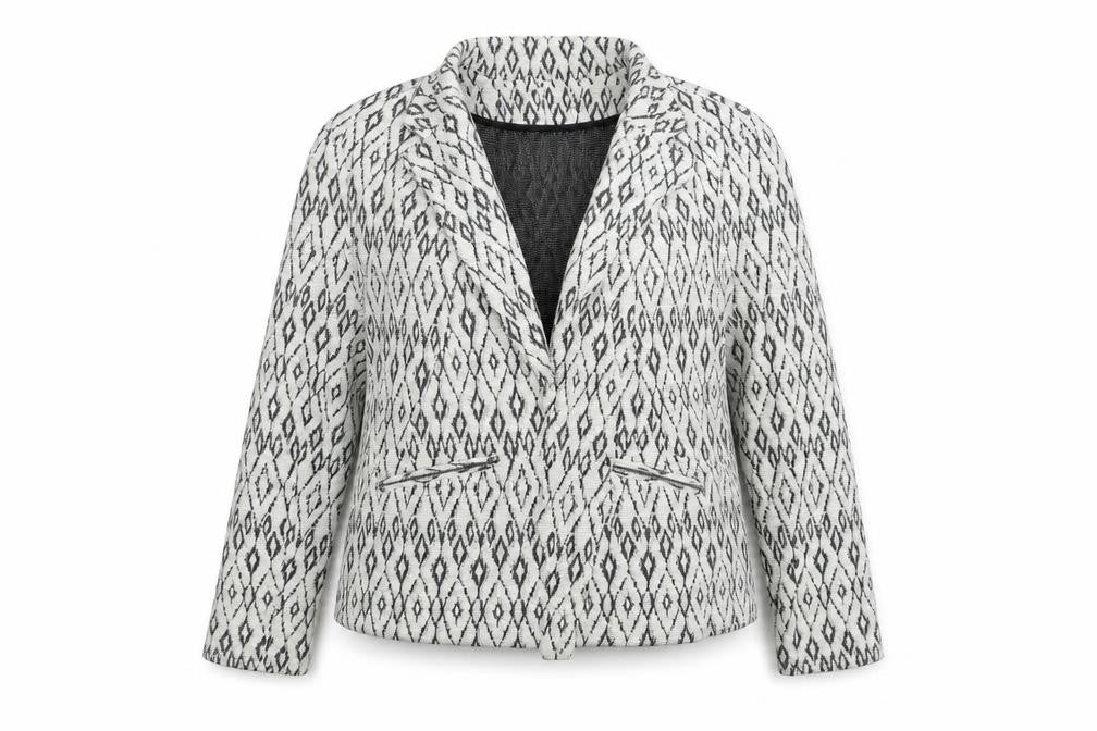 Front view of Soon women’s white geometric jacket blazer, size UK 20
