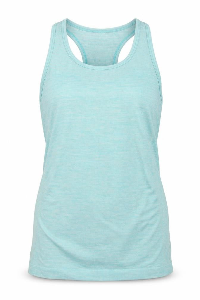 Front view of Myprotein women’s blue basic tank, size S