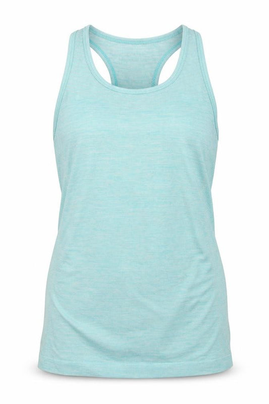 Front view of Myprotein women’s blue basic tank, size S