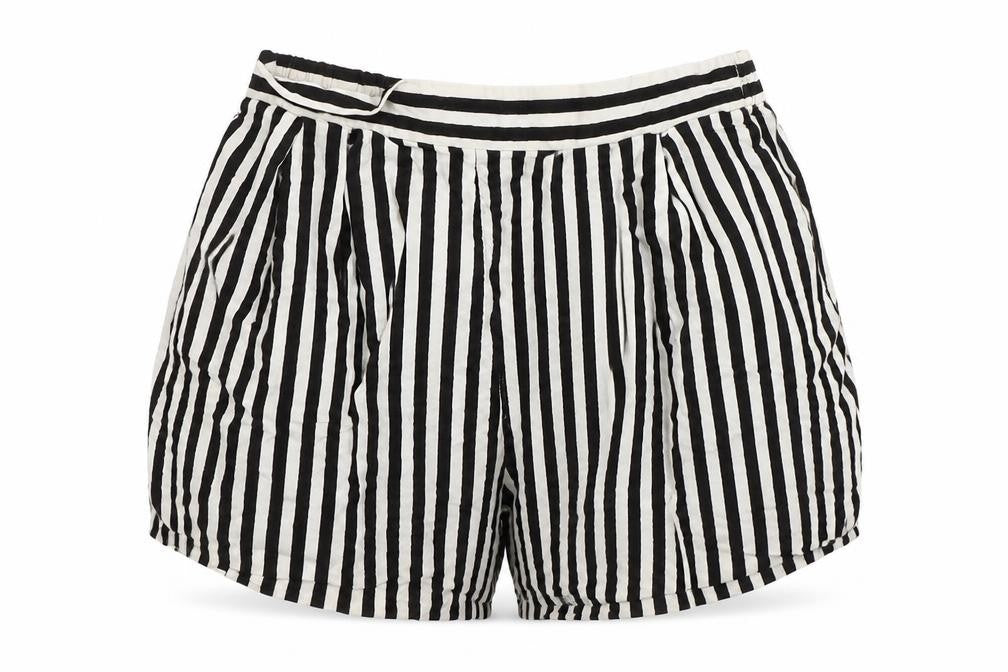 Front view of H&M women’s black striped culotte shorts, size UK 6