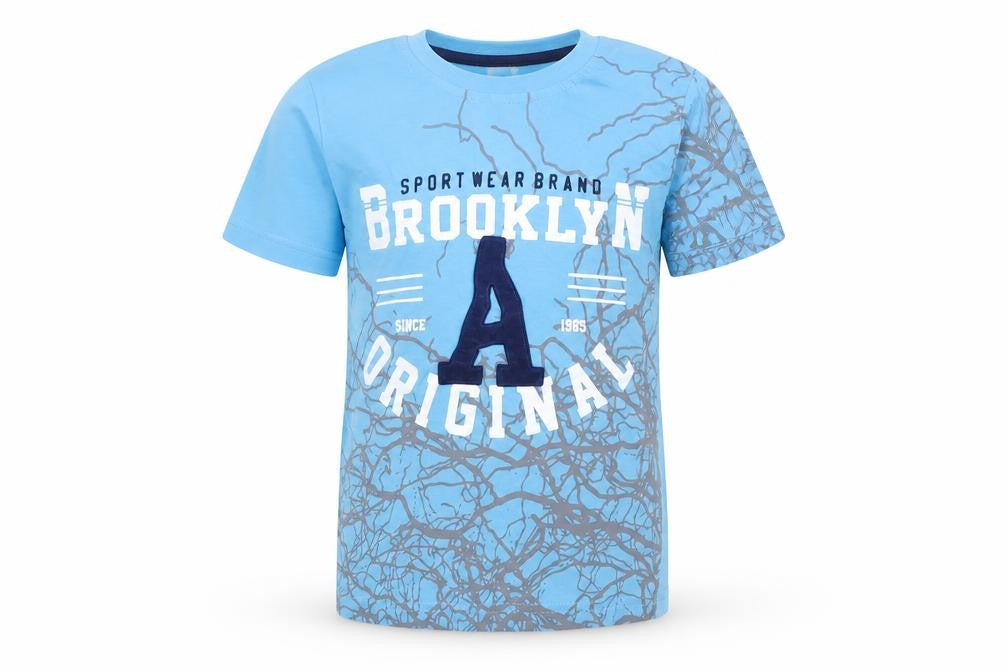 Front view of Macca Boy boys’ blue basic t-shirt, size 7, years - brooklyn