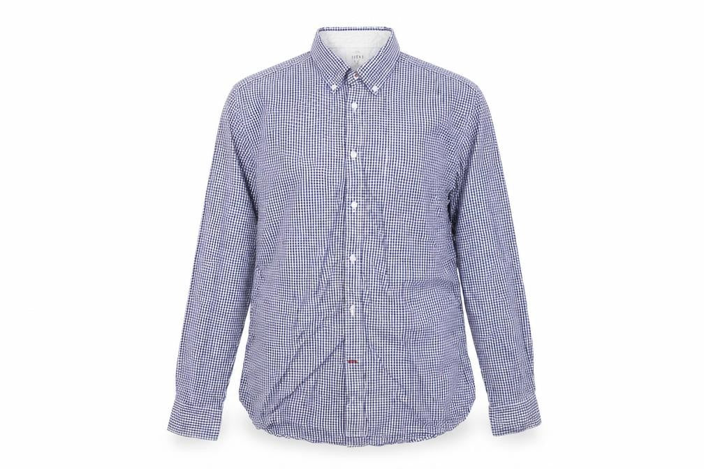 Front view of Thomas Hayes men’s blue check button-up, size L