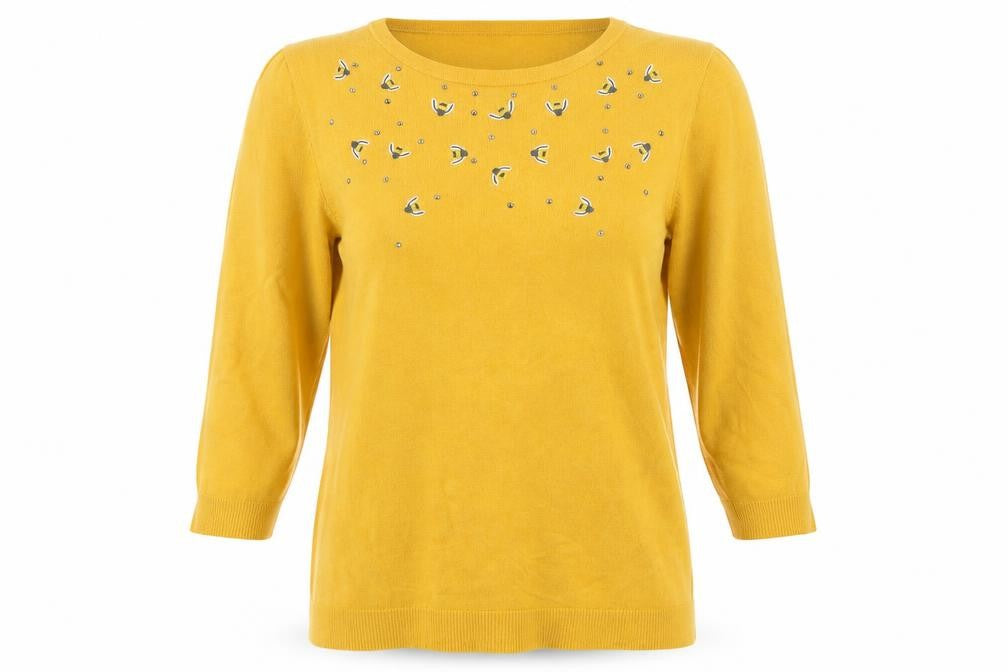 Front view of Love Knitwear women’s yellow jumper, size UK 12