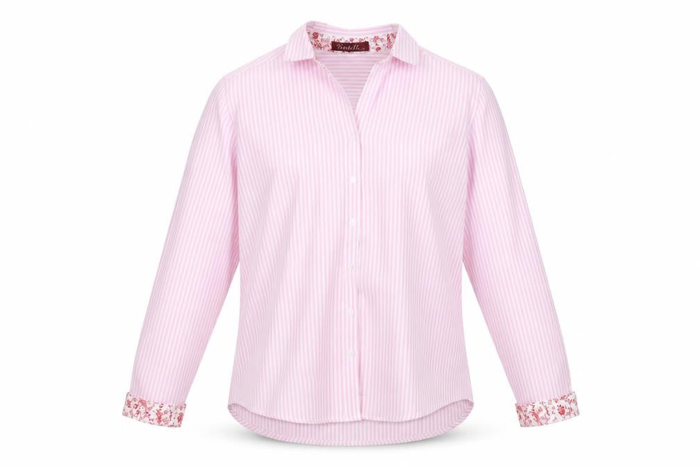 Front view of Boteli men’s pink striped button-up, size 46