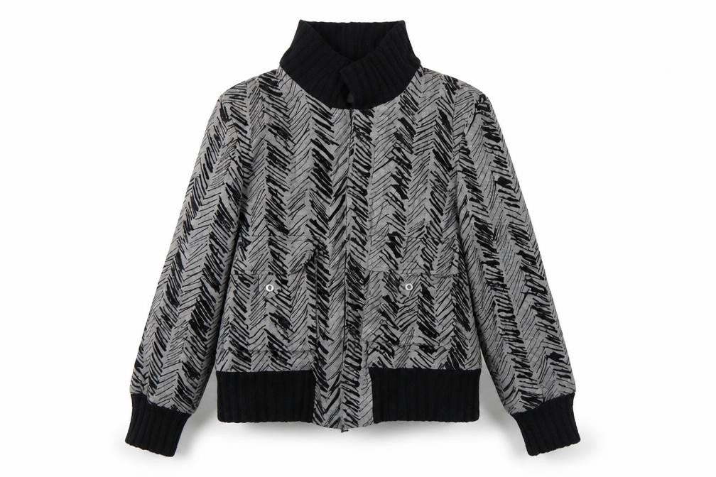 Front view of Verse women’s grey argyle/diamond jacket, size UK 42