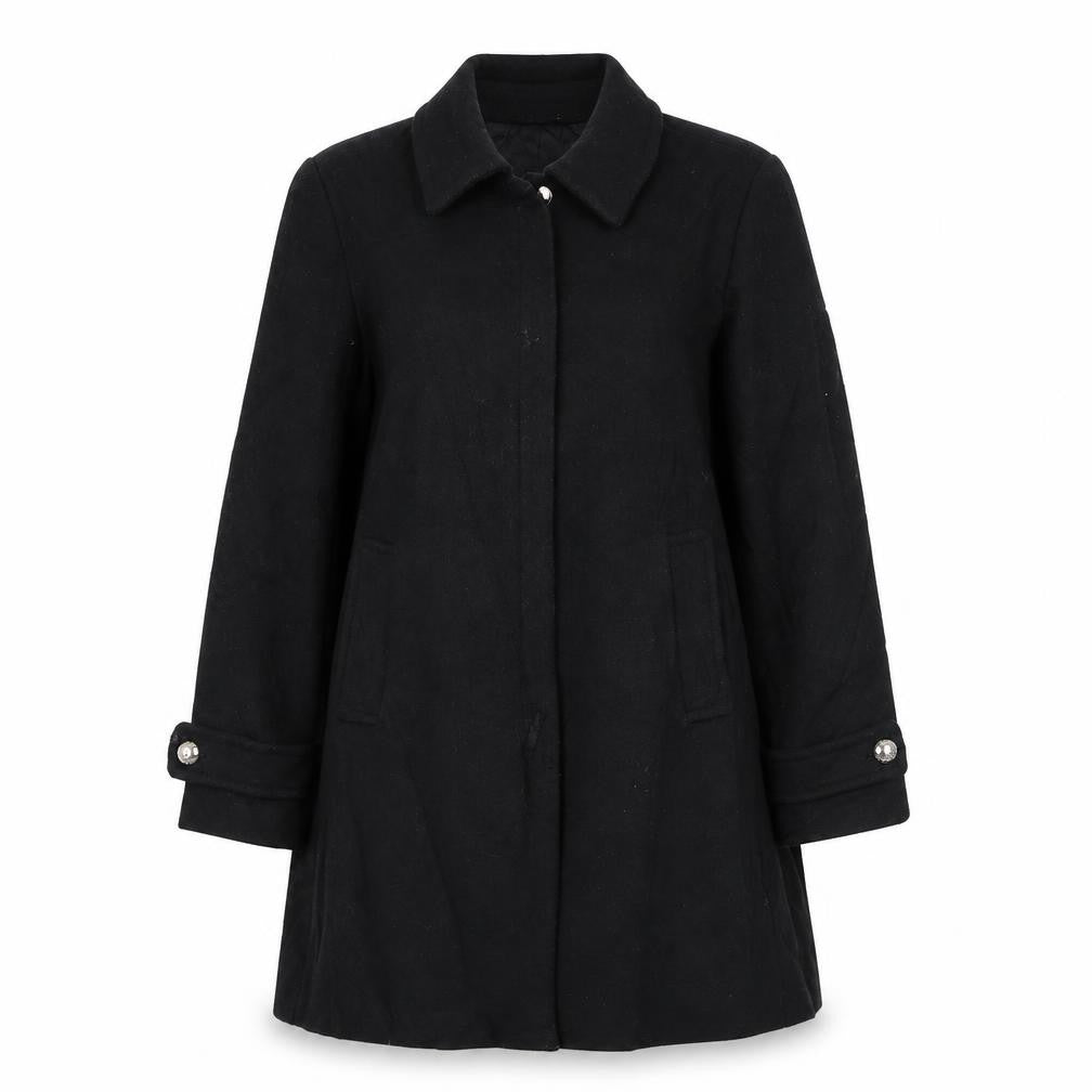 Front view of Mango women’s black overcoat coat, size M