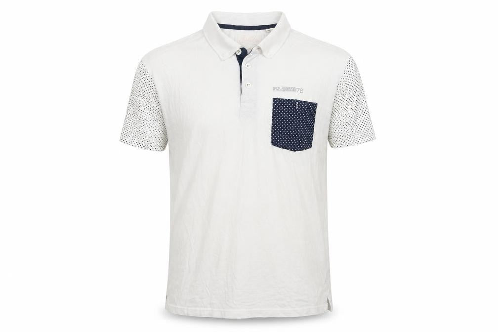 Front view of Soul Star men’s white polo, size M