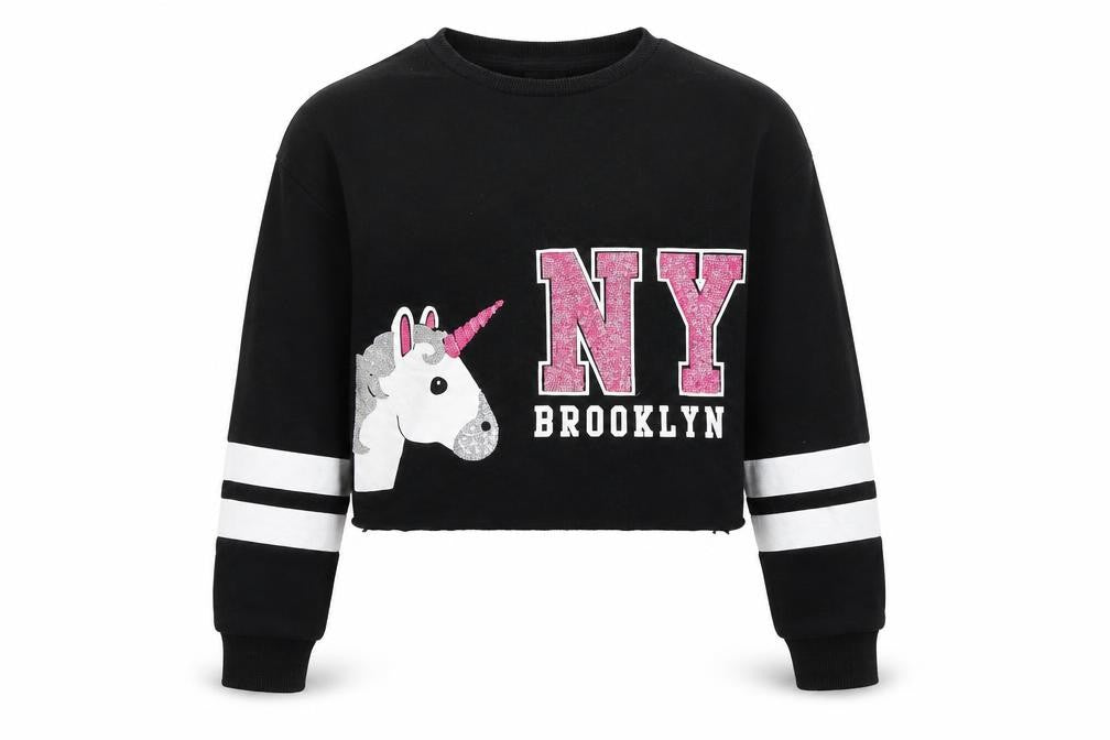 Front view of Preworn girls’ black pullover sweatshirt, size 10-11, years - cropped, unicorns