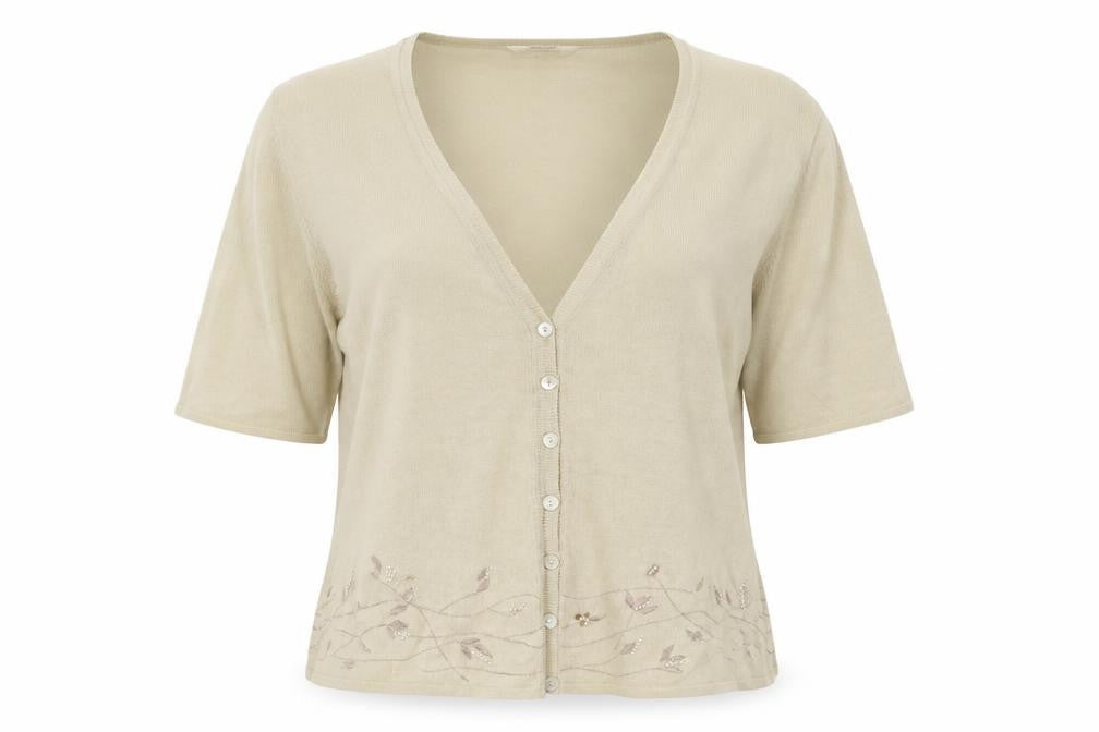 Front view of Marks & Spencer women’s beige cardigan jumper, size UK 14