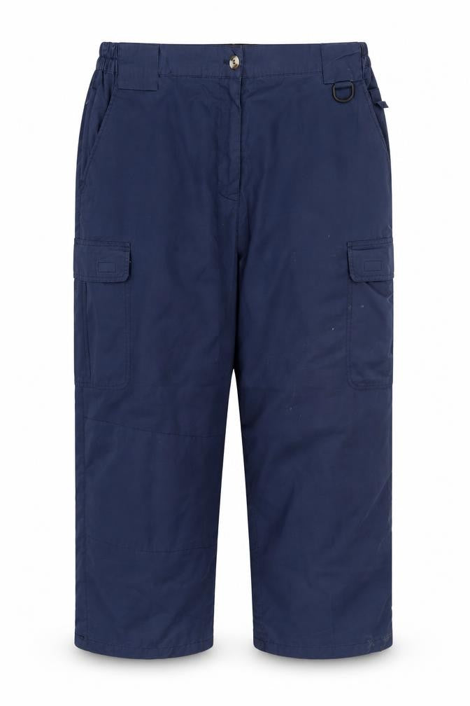 Front view of Wynnster men’s blue cargo trousers one, size, 26-inch leg