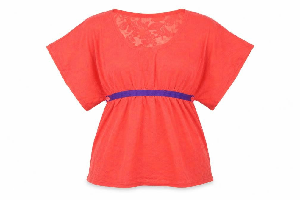 Front view of Coline women’s red paisley basic t-shirt, size M
