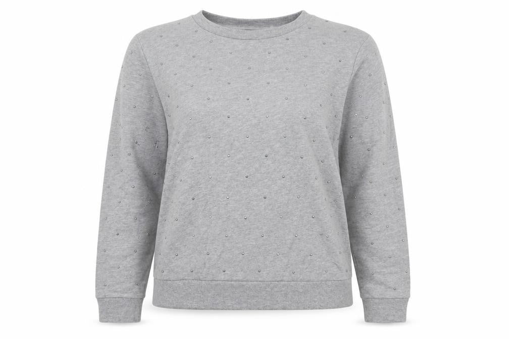 Front view of New Look women’s grey pullover sweatshirt, size UK 12