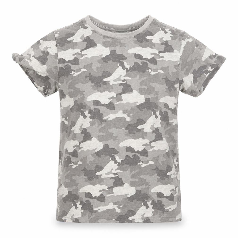 Front view of Primark boys’ grey camouflage basic t-shirt, size 4-5, years