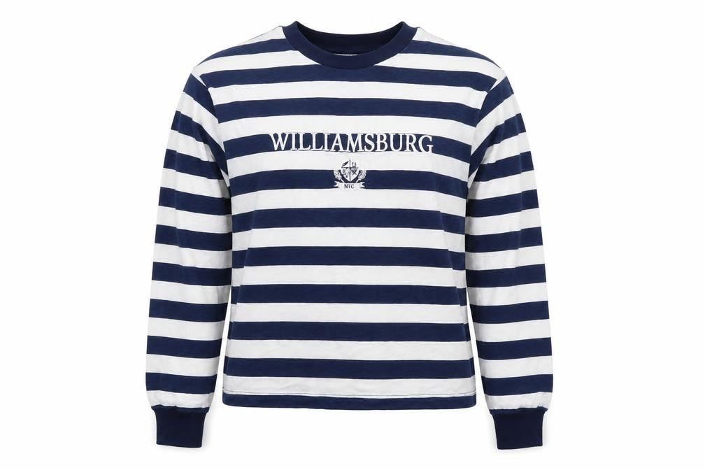 Front view of Topshop women’s blue striped pullover sweatshirt, size UK 8, - williamsburg