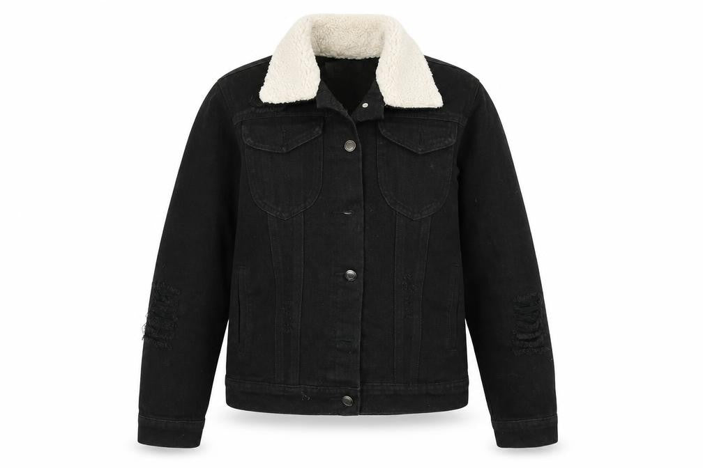 Front view of Boohoo women’s black denim jacket, size UK 8