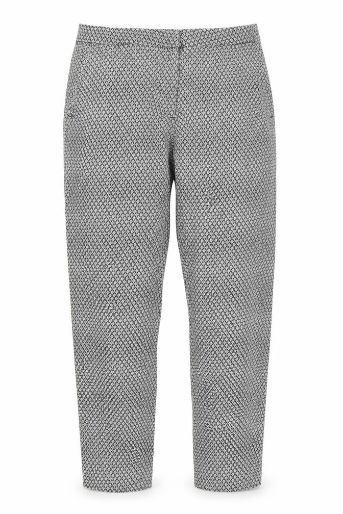 Front view of H&M women’s black floral trousers, size UK 14, 23-inch leg