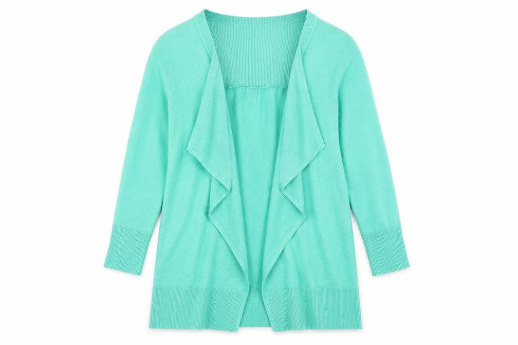 Front view of Monsoon women’s green knit cardigan jumper, size S