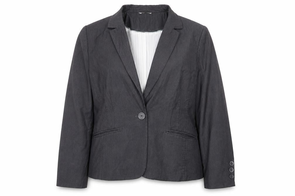 Front view of Asda George women’s grey striped jacket blazer, size UK 20