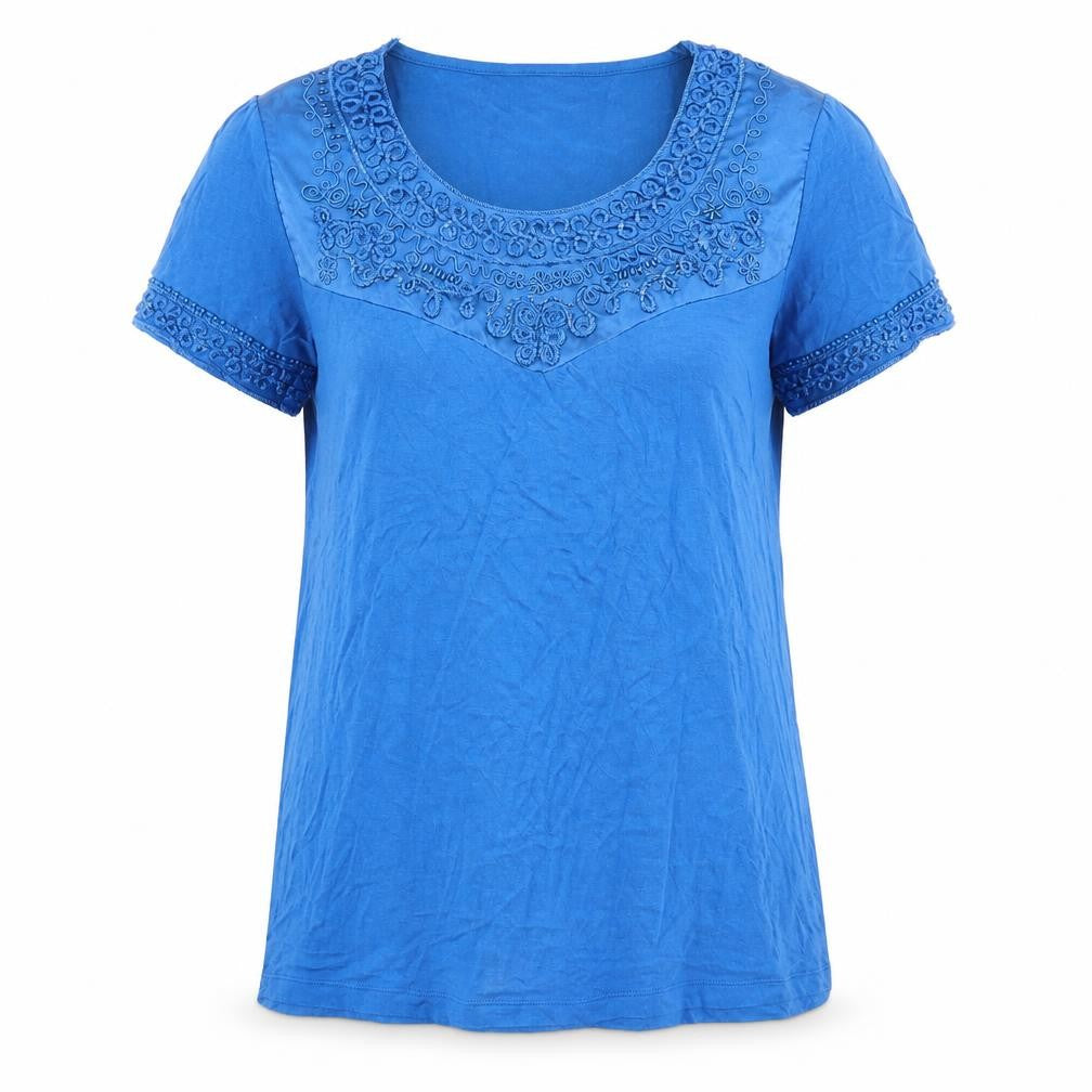 Front view of charlotte cold women’s blue geometric basic t-shirt, size M