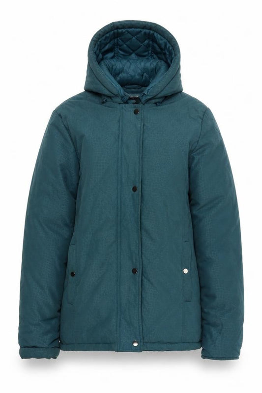 Front view of EWM women’s green jacket coat, size UK 14