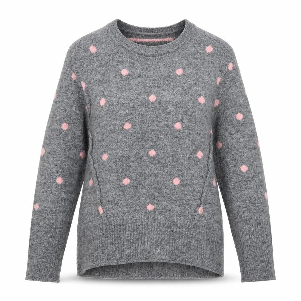 Front view of H&M women’s grey polka dot knit jumper, size XS