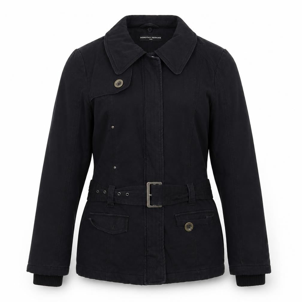 Front view of Dorothy Perkins women’s black jacket coat, size UK 10