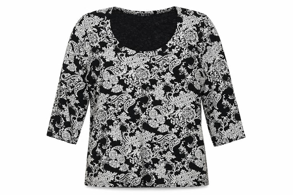 Front view of CMD women’s black basic t-shirt, size UK 14