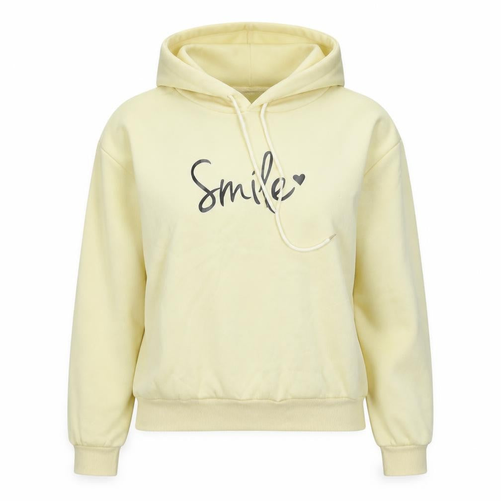 Front view of women’s yellow pullover hoodie, size S