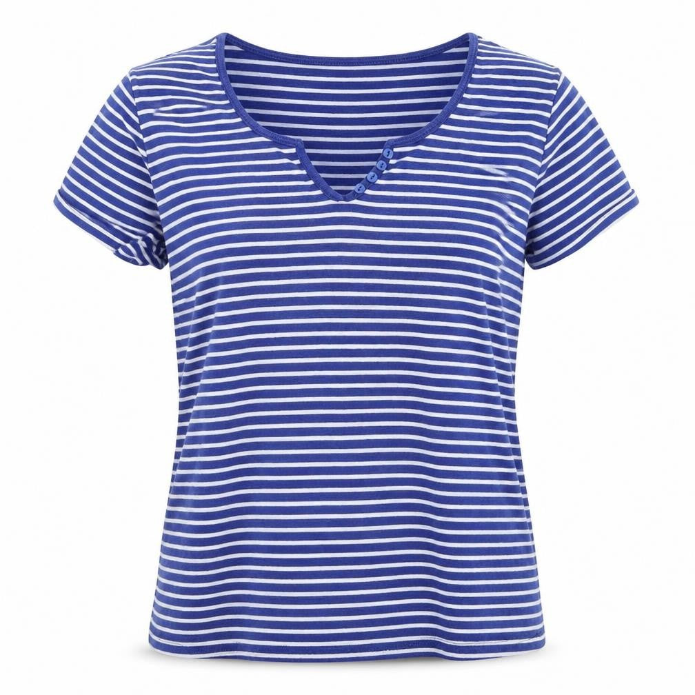 Front view of Iwie women’s blue striped basic t-shirt, size L