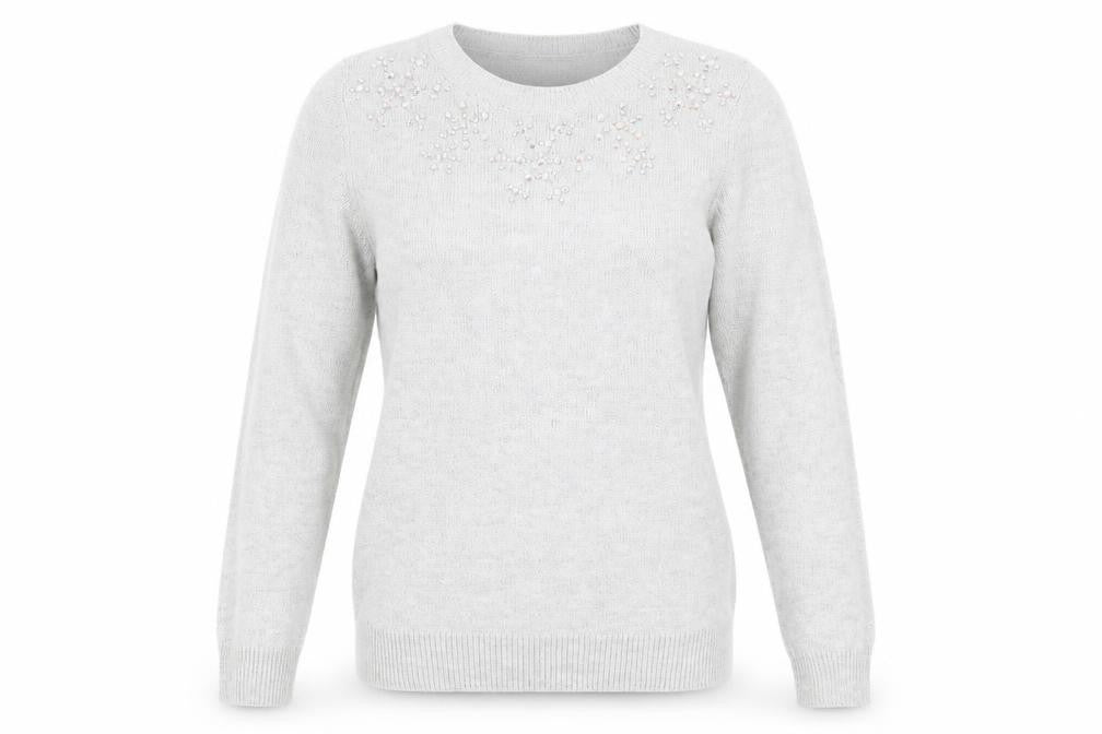 Front view of Dorothy Perkins women’s grey knit jumper, size UK 10, - beaded neck line
