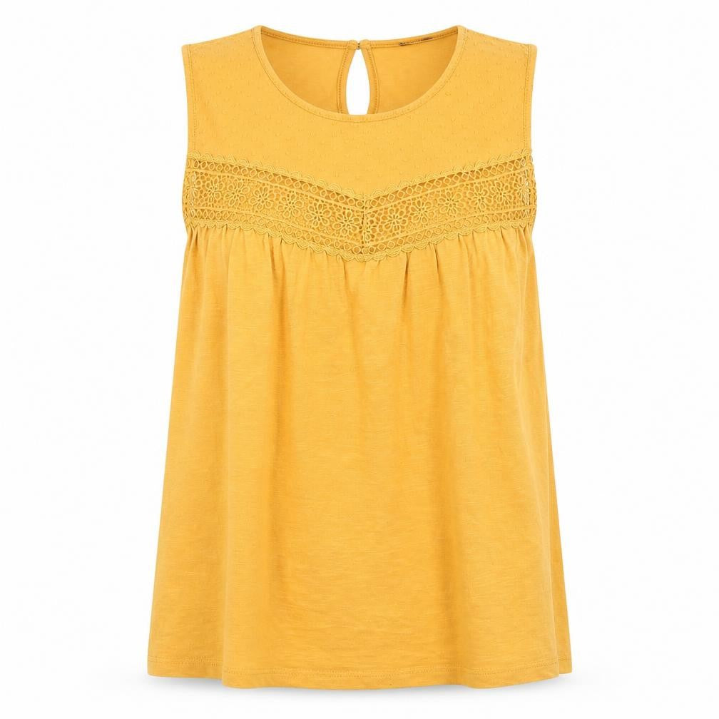 Front view of New Look women’s orange basic t-shirt, size UK 12, - crochet detail