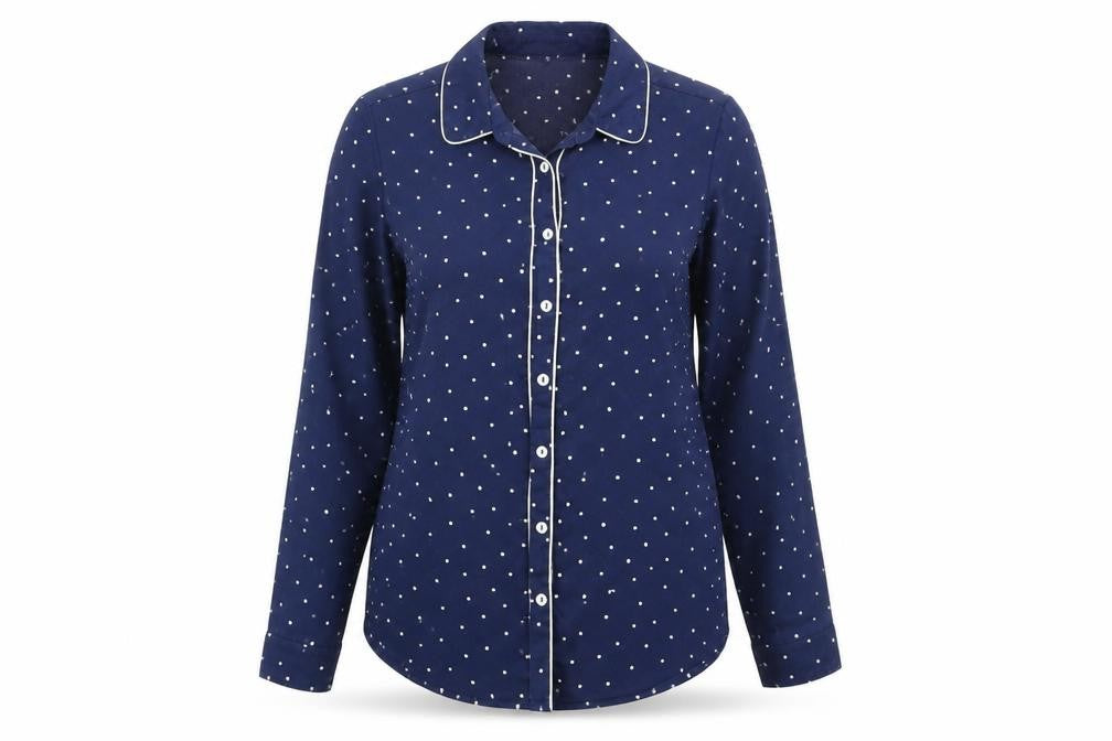 Front view of Cameo Rose women’s blue polka dot basic blouse, size UK 12