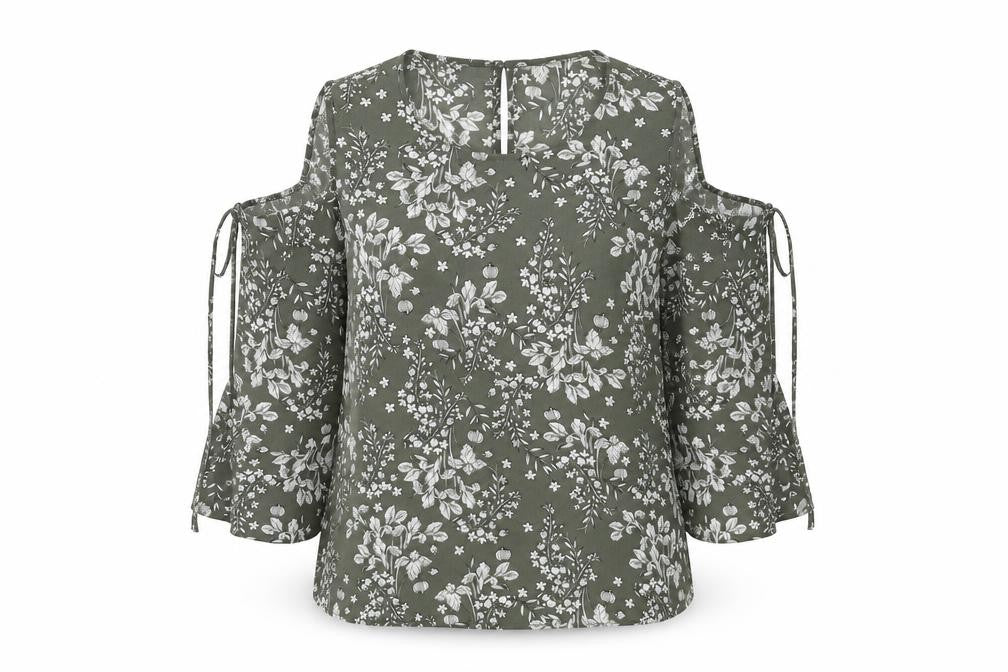 Front view of Papaya women’s green floral basic blouse, size UK 12, - cold shoulder