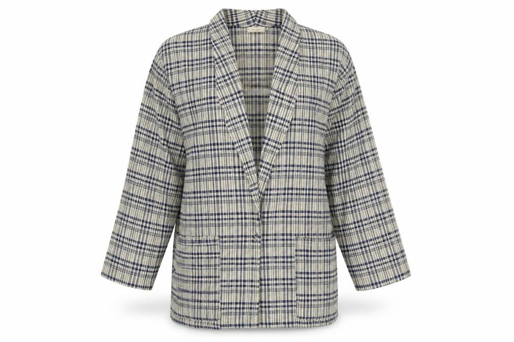 Front view of Coppernob women’s brown check jacket suit top, size UK 12