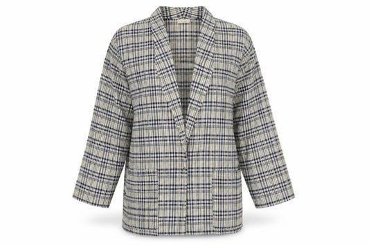 Front view of Coppernob women’s brown check jacket suit top, size UK 12