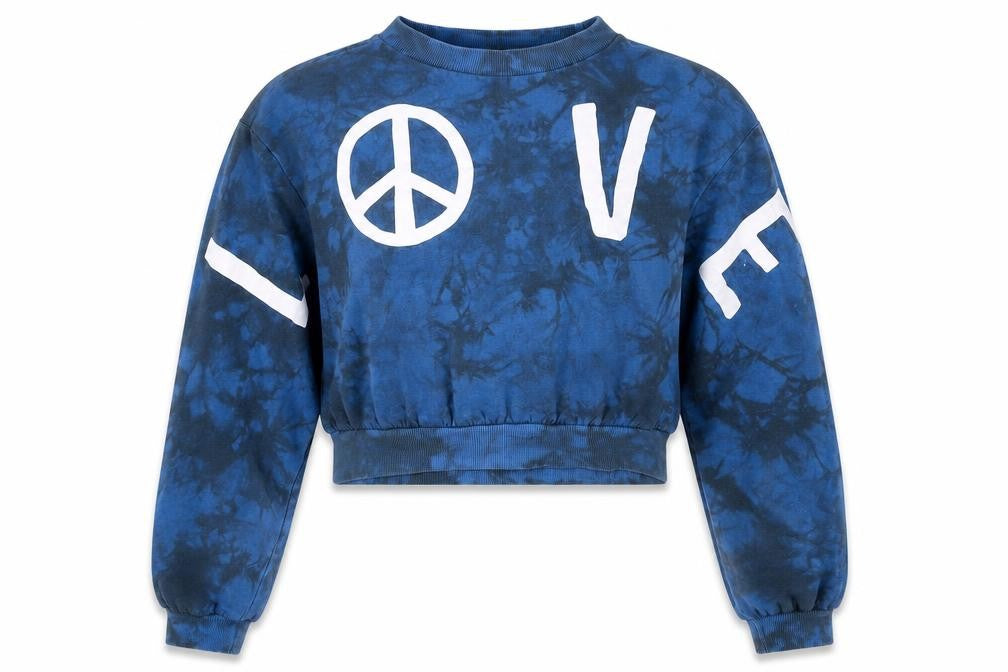 Front view of H&M women’s blue pullover sweatshirt, size XS, - tie dye