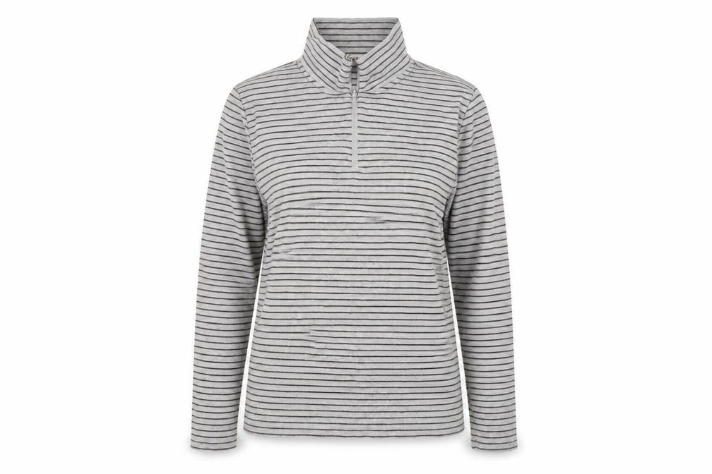 Front view of freude women’s grey striped pullover sweatshirt, size S