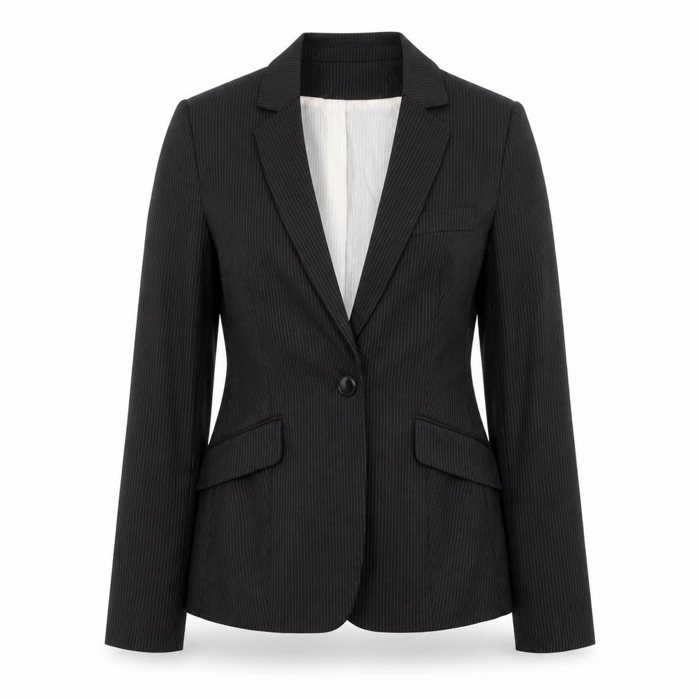 Front view of H&M women’s black striped jacket suit, size UK 6