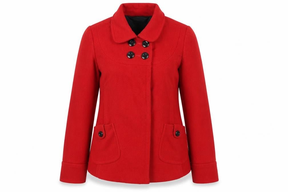 Front view of Lakeland women’s red overcoat coat, size UK 10