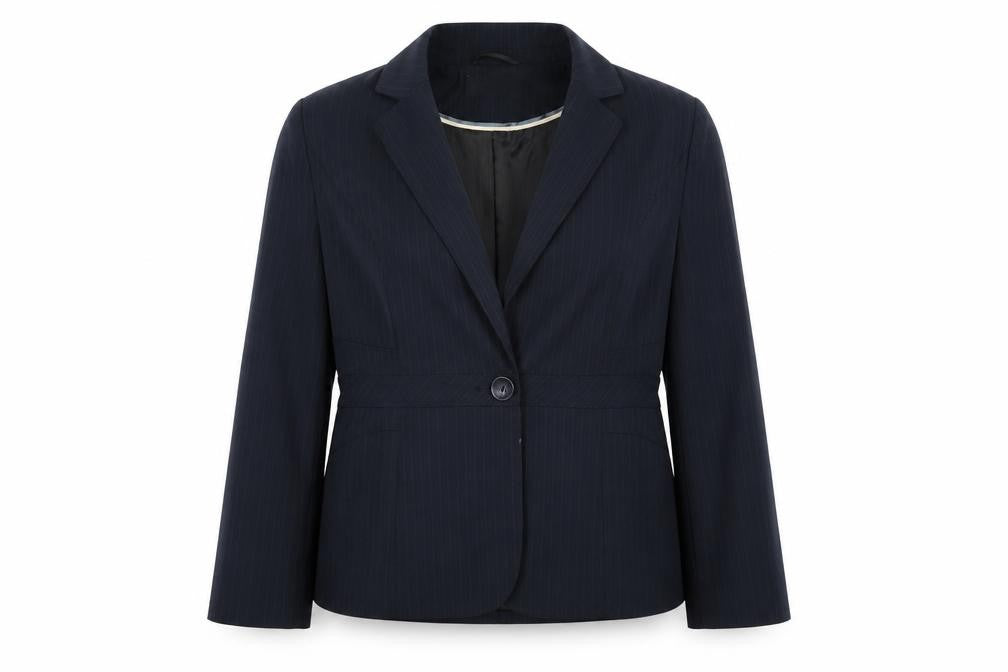 Front view of BHS women’s blue striped jacket blazer, size UK 16