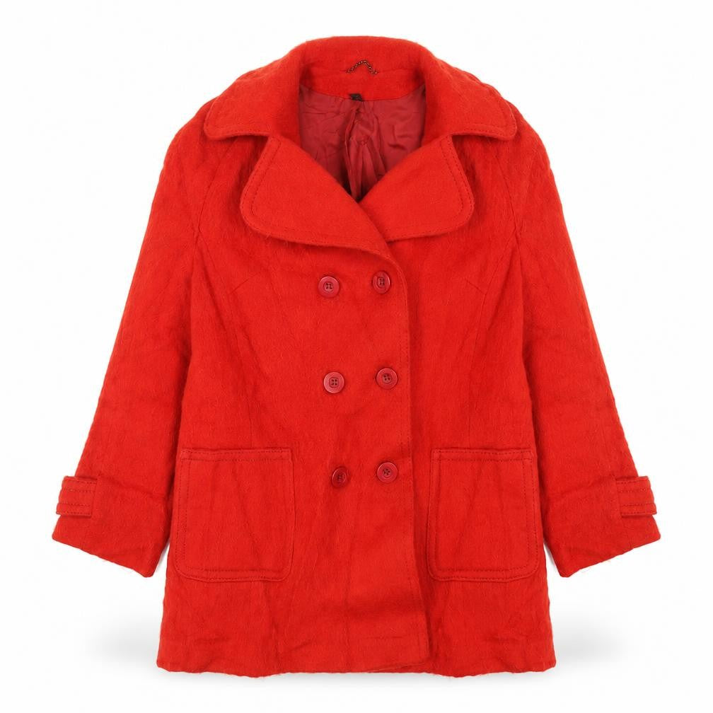 Front view of Preworn women’s red pea coat coat, size UK 16