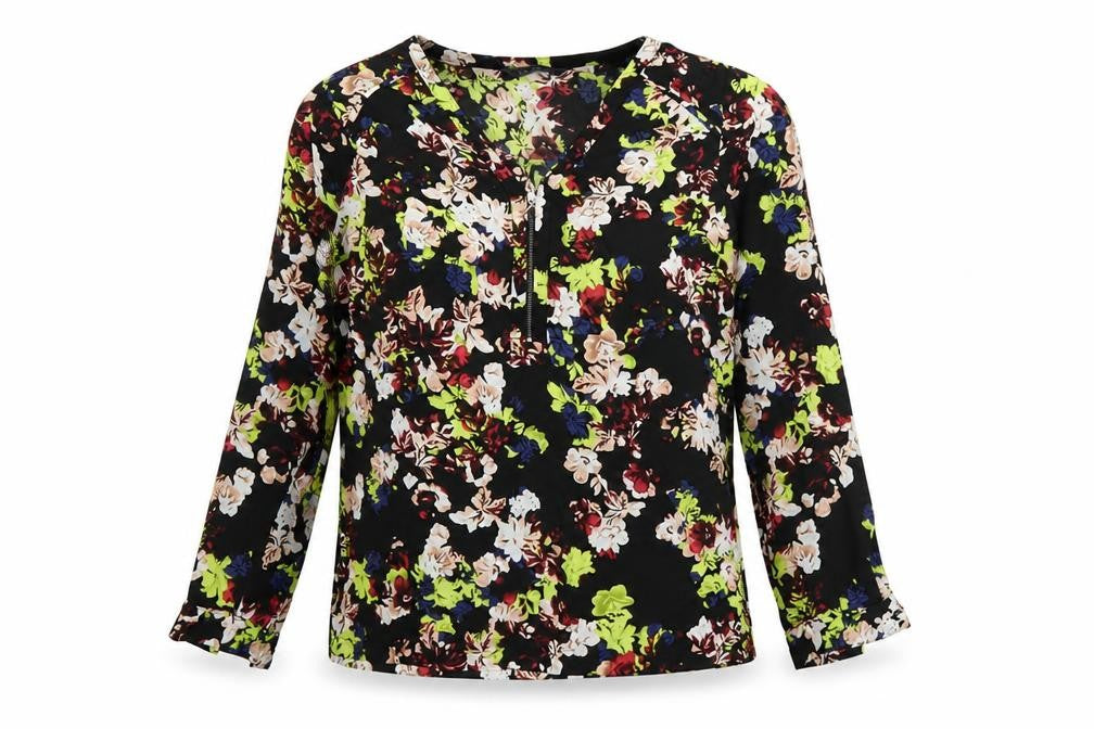 Front view of Marks & Spencer women’s black floral basic blouse, size UK 12