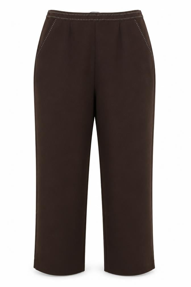 Front view of Bonmarché women’s brown trousers, size UK 16, 26-inch leg