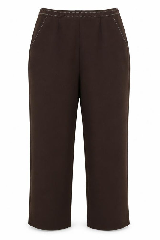 Front view of Bonmarché women’s brown trousers, size UK 16, 26-inch leg