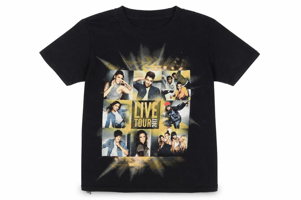 Front view of Preworn girls’ black basic t-shirt, size 9-10, years - the x factor tour 2017
