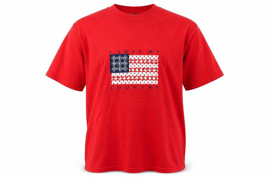 Front view of MC CC Sportswear men’s red t-shirt, size M, - love my country