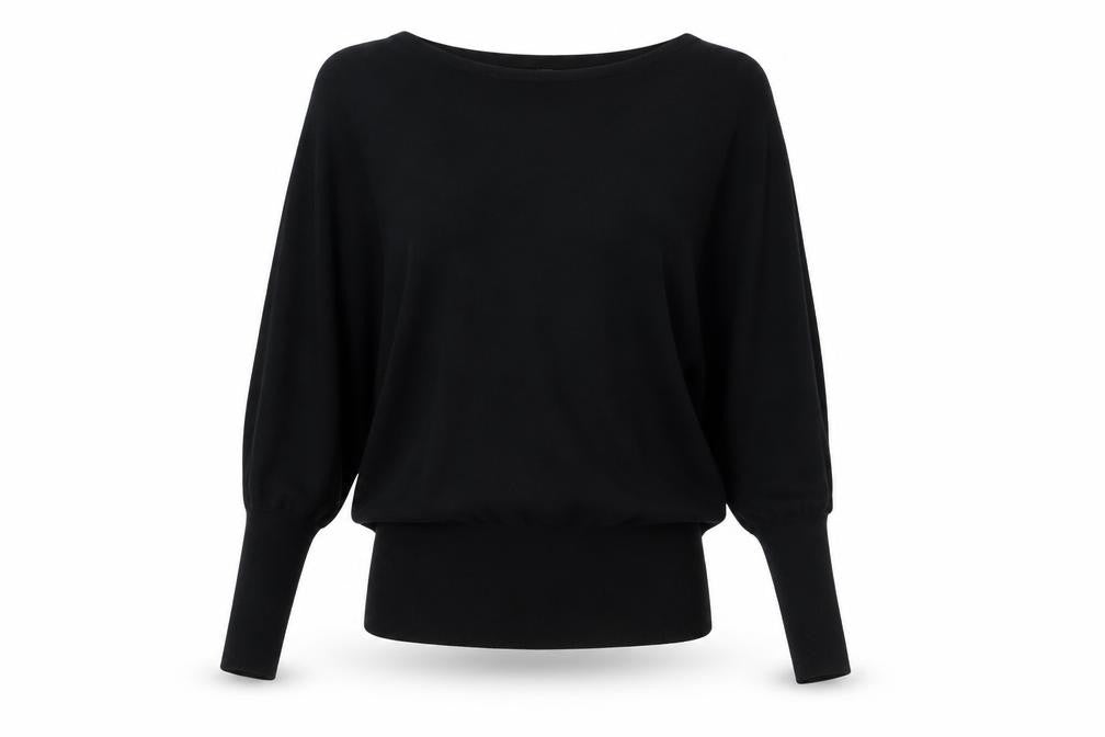 Front view of women’s black knit pullover sweatshirt, size M